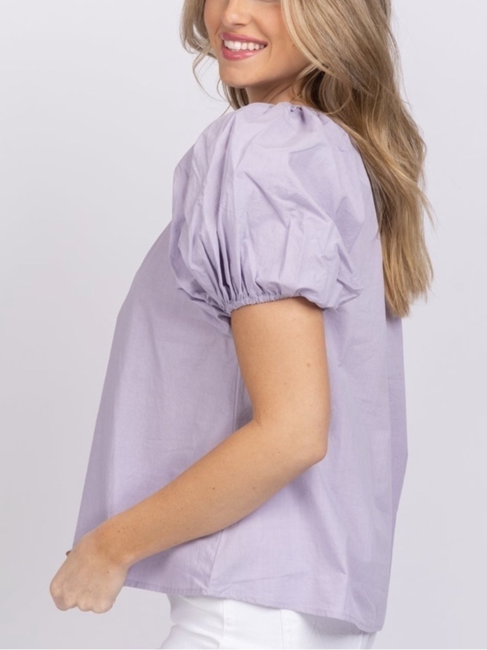 Never a Wallflower lavender puff sleeve gathered neck top sz MEDIUM
